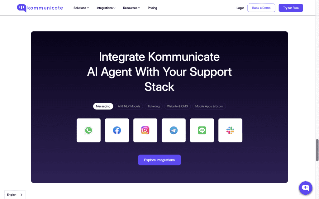 A webpage from Kommunicate showcasing integrations for their AI Agent. The headline reads ‘Integrate Kommunicate AI Agent With Your Support Stack.’ Tabs indicate categories such as Messaging, AI & NLP Models, Ticketing, Website & CMS, and Mobile Apps & Ecom. Messaging app icons are displayed, including WhatsApp, Facebook, Instagram, Telegram, LINE, and Slack. A button labeled ‘Explore Integrations’ appears below the icons on a dark purple gradient background.
